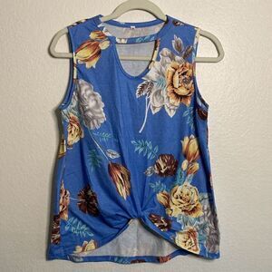 Floral Print Twist Front Keyhole Neck Summer Blouse Tank Sleeveless Light Blue s